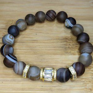 New Brown Coffee Matte Baguette Gold Pave Bracelet 10mm